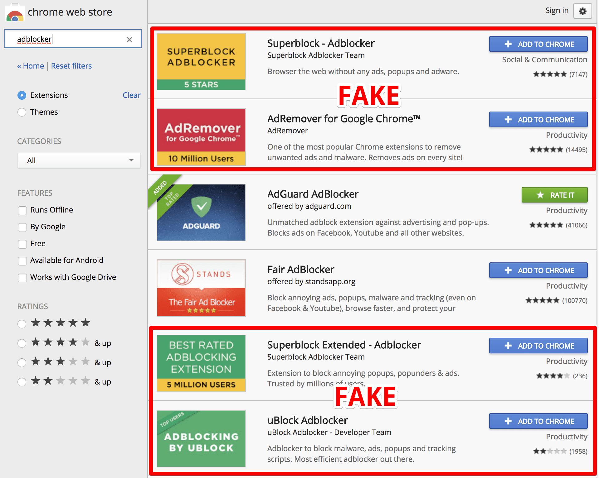 Falsi plug-in di Ad-Blocker scaricati oltre 20 milioni di volte 12 fake adblockers chromewebstore