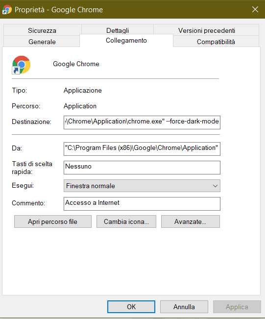Chrome: come forzare la dark mode in Windows 10 12 Modifica del collegamento di Chrome