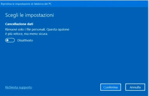 Come eseguire un installazione pulita in Windows 10 15 Attivare la voce Cancellazione dati