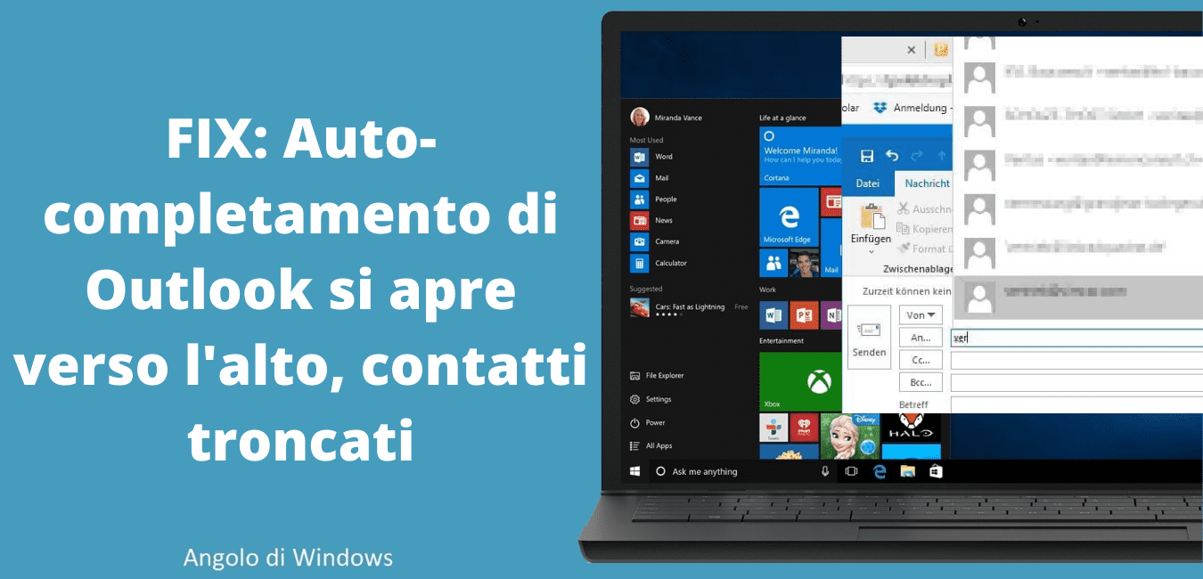 Autocompletamento di Outlook si apre verso alto contatti troncati