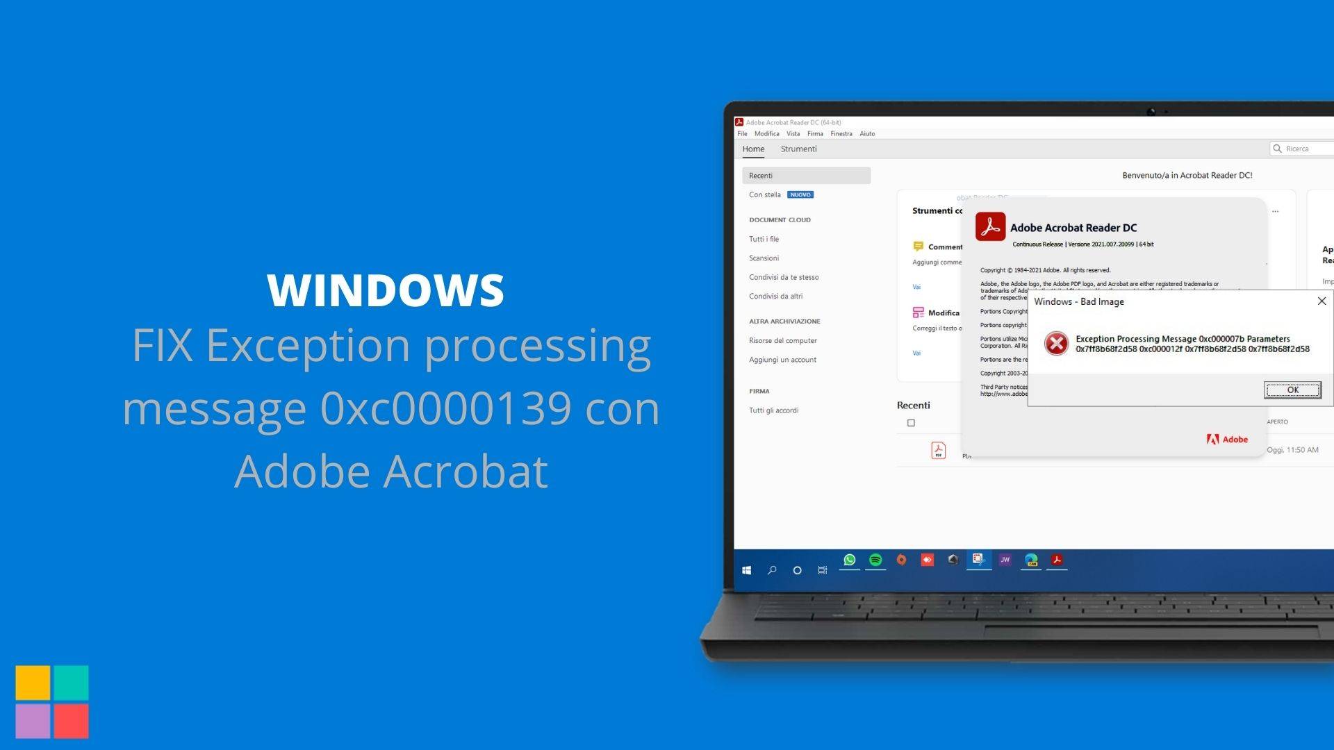FIX Exception processing message 0xc0000139 con Adobe Acrobat