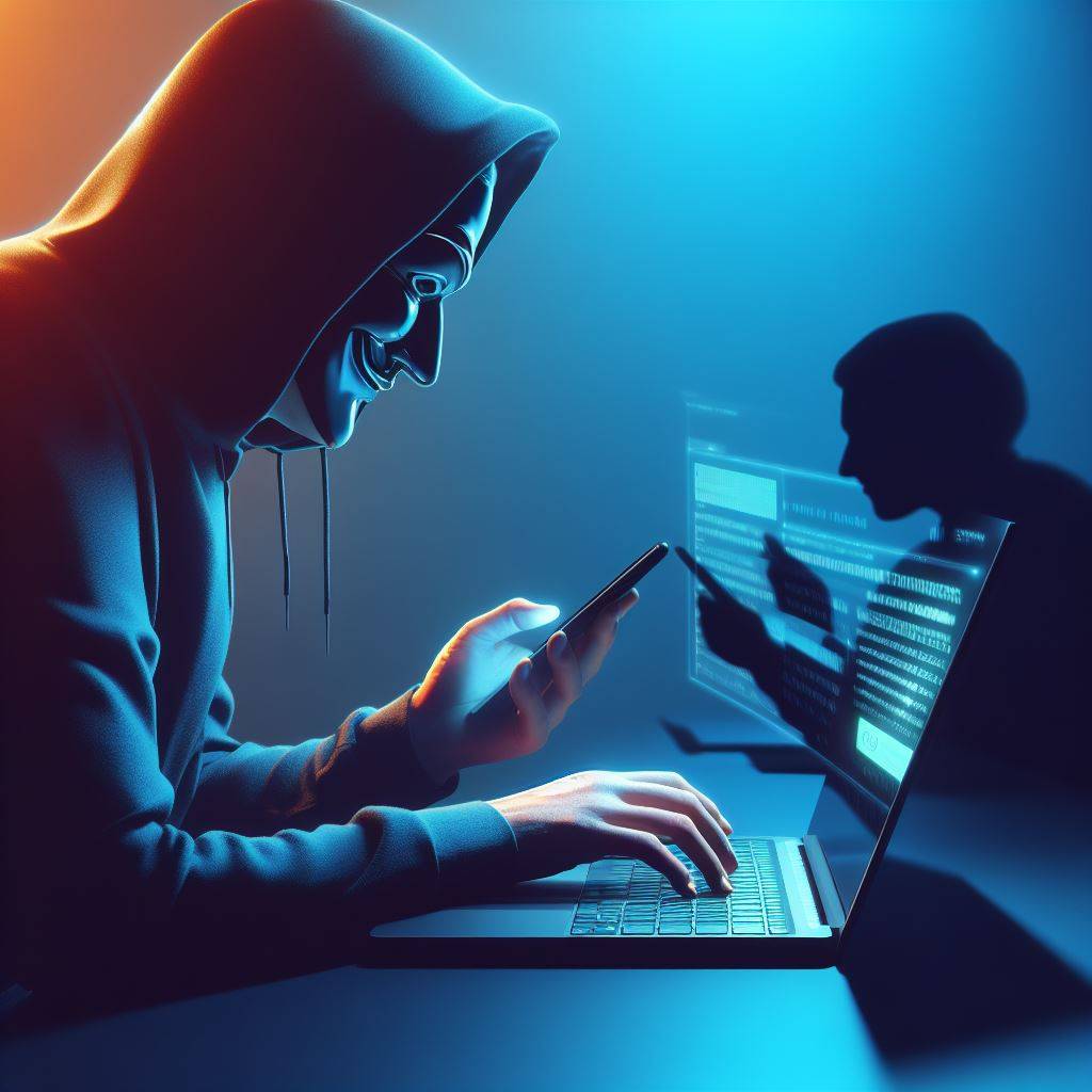 truffatore che sta mandando uno SMS con il PC