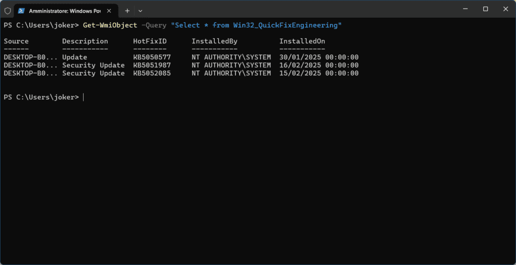 risultato dal comando dato in powershell