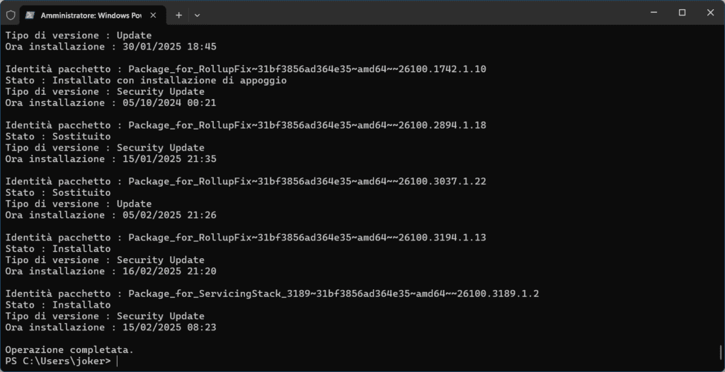 risultato del comando dato con DISM